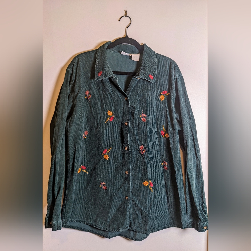 Bobbie Brooks Vintage Embroidered Fall Leaves Button Up Green Corduroy Shirt L